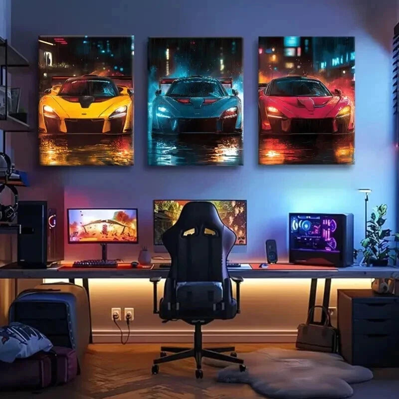 3pcs Vibrant Sports Neon Night Racing Perfect Wall Art Set Canvas Framed 60x90cm - High Quality Print 100% Australian Made Wall Canvas Ready to Hang - Bella Home Decor