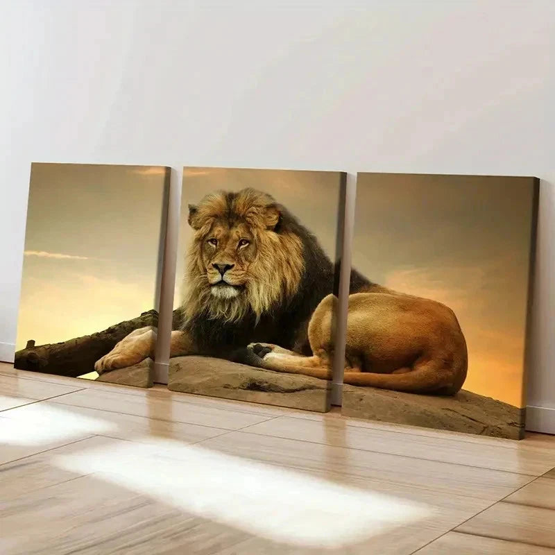 3pcs Majestic Lion Sitting on a Rock Wall Art Set Canvas Framed 40x60cm - High Quality Print 100% Australian Made Wall Canvas Ready to Hang