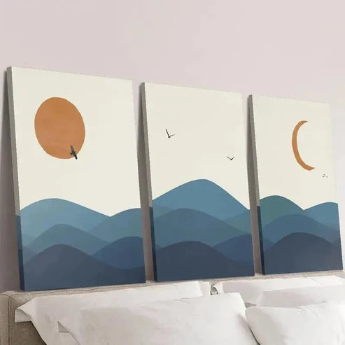 3pcs Birds Sunset Moon & Mountain Landscape Wall Art Set Canvas Unframed - High Quality Print 100% Australian Made Wall Canvas - Bella Home Decor