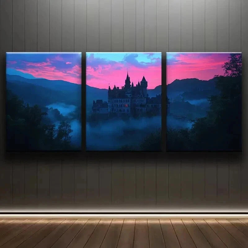 3pcs Castle at Dusk Darkness Night Perfect Wall Art Set Canvas Framed 60x90cm - High Quality Print 100% Australian Made Wall Canvas Ready to Hang