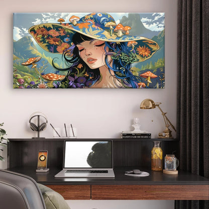 Cute Fantasy Girl with Floral Hat Wall Art Canvas Office Home Framed 120x60cm