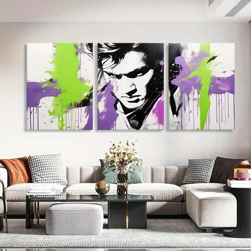 3pcs Purple and Green Paint Splashes Perfect Wall Art Set Canvas Unframed - High Quality Print 100% Australian Made Wall Canvas