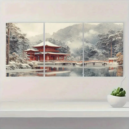 3pcs Ukiyo E Scenery of a Temple GF   Wall Art Set Canvas Framed 40x60cm - High Quality Print 100% Australian Made Wall Canvas Ready to Hang