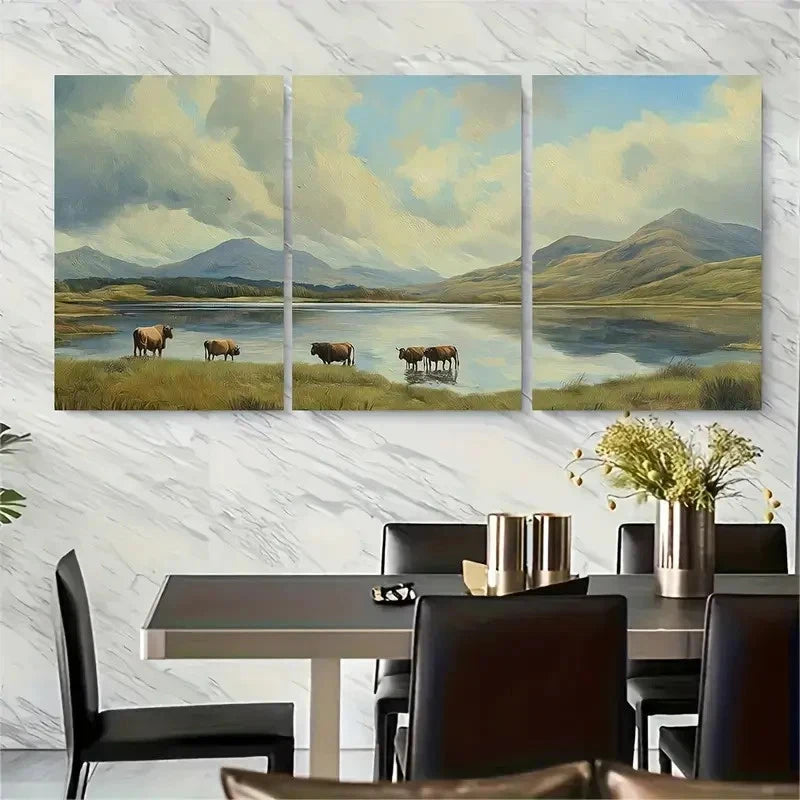 3pcs Highland Cows Grazing Near Loch Metal Print Ready to Hang Art