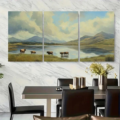 3pcs Highland Cows Grazing Near Loch Metal Print Ready to Hang Art