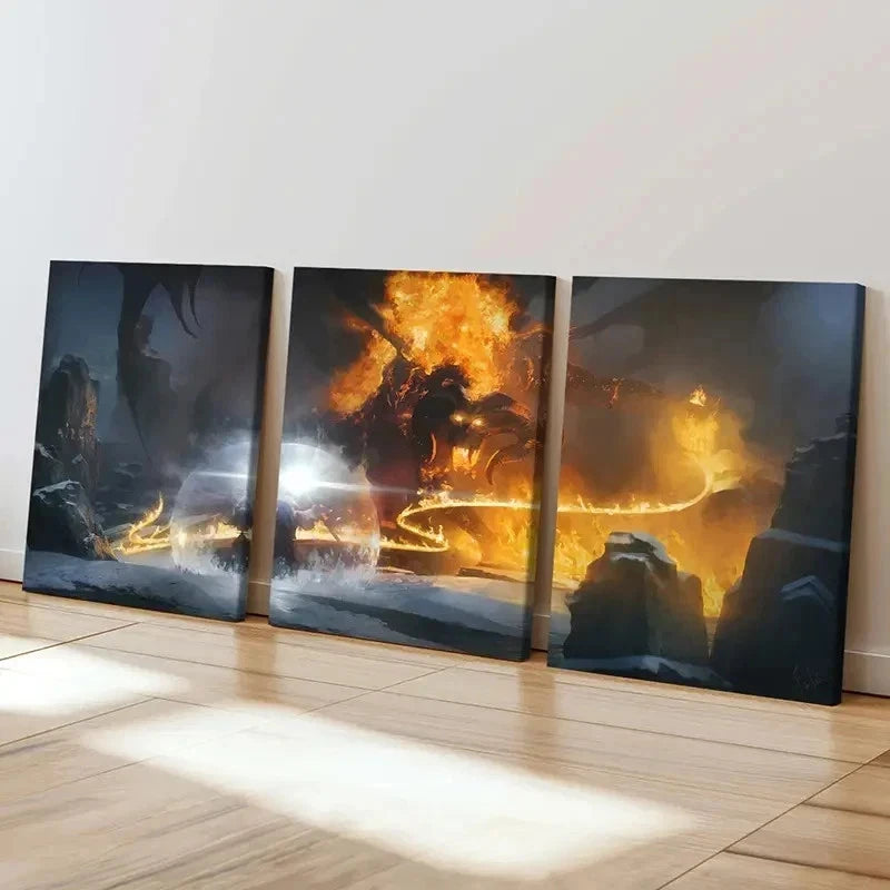 3pcs Middle-Earth Wizard & Fire Monster Wall Art Set Canvas Framed 60x90cm - High Quality Print 100% Australian Made Wall Canvas Ready to Hang - Bella Home Decor