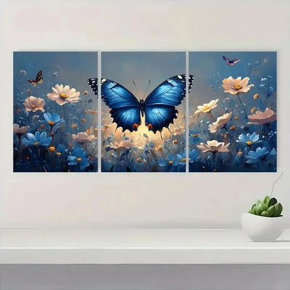 3pcs Vibrant Blue Butterfly & Floral Landscape E  Wall Art Set Canvas Framed 50x70cm - High Quality Print 100% Australian Made Wall Canvas Ready to Hang - Bella Home Decor