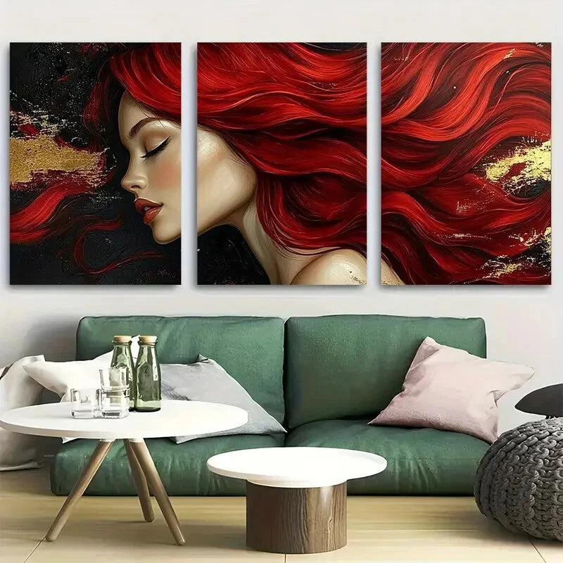 3pcs Dynamic Red Hair Art Glamorous Perfect Wall Art Set Canvas Framed 40x60cm - High Quality Print 100% Australian Made Wall Canvas Ready to Hang - Bella Home Decor