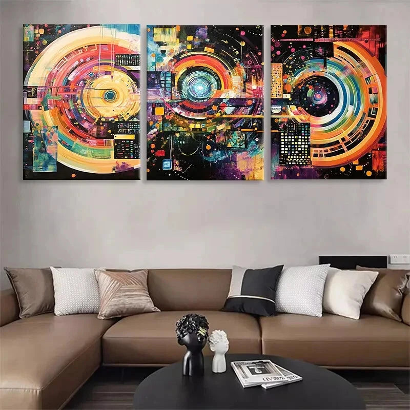3pcs Vibrant Circular Patterns with Neon Accents Metal Print Ready to Hang Art