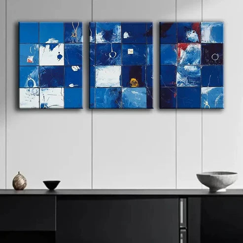 3pcs Abstract Blue and White Geometric Grid Wall Art Canvas Unframed - High Quality Print 100% Australian Made Wall Canvas - Bella Home Decor