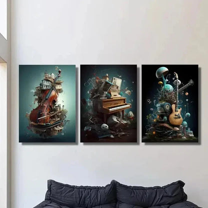 3pcs Violin Piano Guitar & Whimsical Objects Wall Art Canvas Unframed - High Quality Print 100% Australian Made Wall Canvas