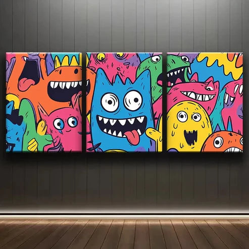 3pcs Monster Theme for Home Colorful Perfect Wall Art Set Canvas Unframed - High Quality Print 100% Australian Made Wall Canvas