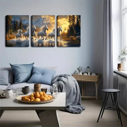 3pcs Four White Horses Running in the River Wall Art Canvas Unframed - High Quality Print 100% Australian Made Wall Canvas