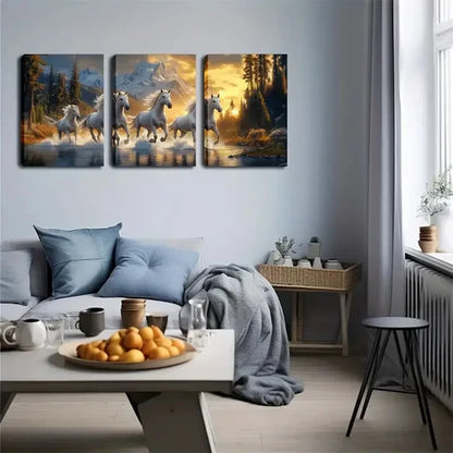 3pcs Four White Horses Running in the River Wall Art Canvas Unframed - High Quality Print 100% Australian Made Wall Canvas