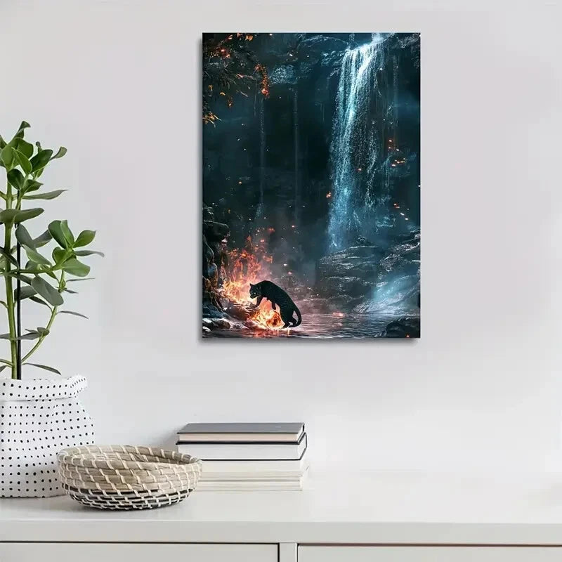 Panther & Waterfall Scene with Glowing Embers Painting 40x60cm Metal Print Ready to Hang - Bella Home Decor