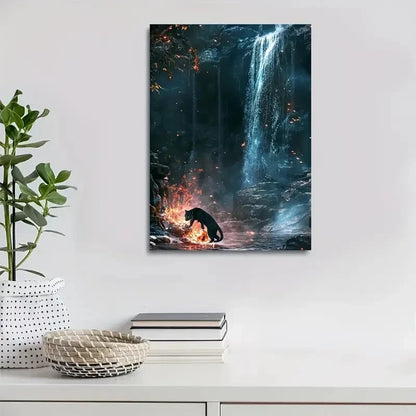 Panther & Waterfall Scene with Glowing Embers Painting 40x60cm Metal Print Ready to Hang - Bella Home Decor
