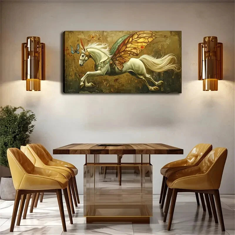 A White Horse with Unicorn Horn Wall Art Canvas Office Home Room Framed 120x60cm - Bella Home Decor