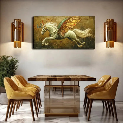 A White Horse with Unicorn Horn Wall Art Canvas Office Home Room Framed 120x60cm - Bella Home Decor