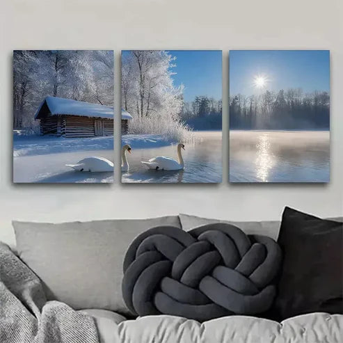 3 PCS Calm Charm Winter Swan Lake Wrapped Wall Art Set Canvas Unframed - High Quality Print 100% Australian Made Wall Canvas - Bella Home Decor