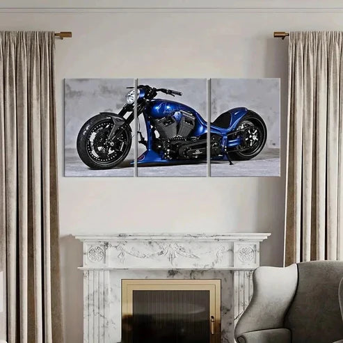 3pcs Blue Retro Motorcycle Vehicle Wall Art Canvas Unframed - High Quality Print 100% Australian Made Wall Canvas - Bella Home Decor