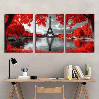 3pcs Eiffel Tower Black & White Red Accents Metal Print Ready to Hang Art