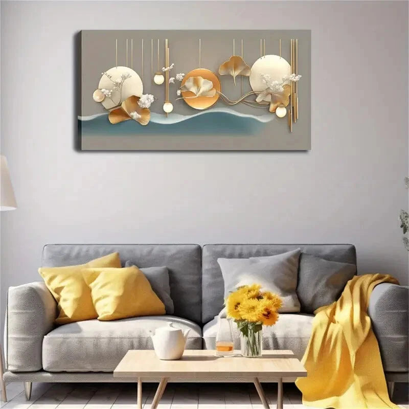 A Round Element Golden Ginkgo Wall Art Canvas Office Home Room Framed 120x60cm - Bella Home Decor