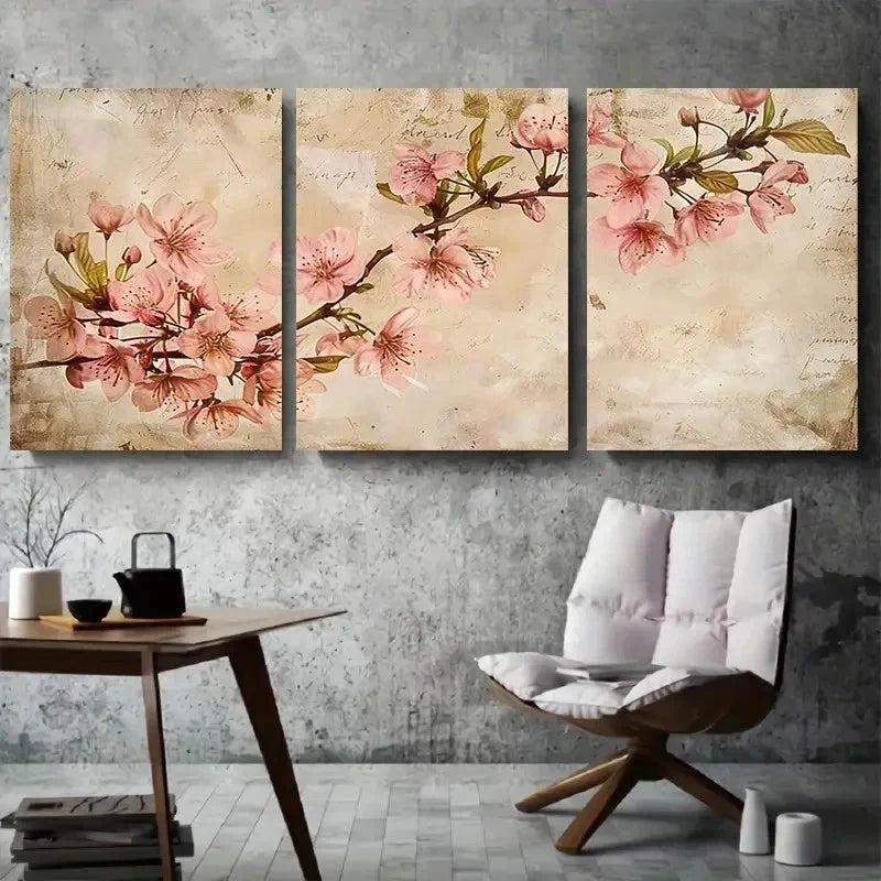 3pcs Cherry Blossom Branch Vintage Metal Print Ready to Hang Art - Bella Home Decor