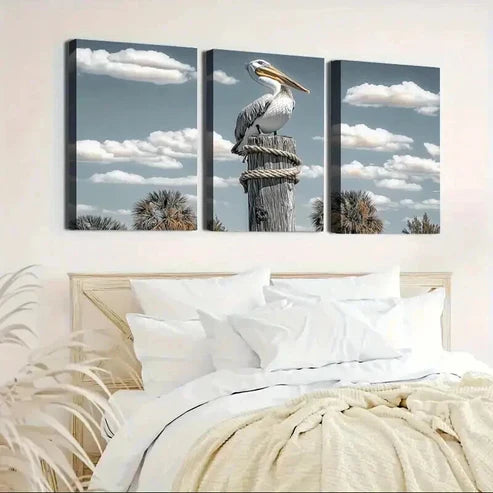 3pcs Pelican with Blue Sky & Palm Trees  Wall Art Set Canvas Unframed - High Quality Print 100% Australian Made Wall Canvas