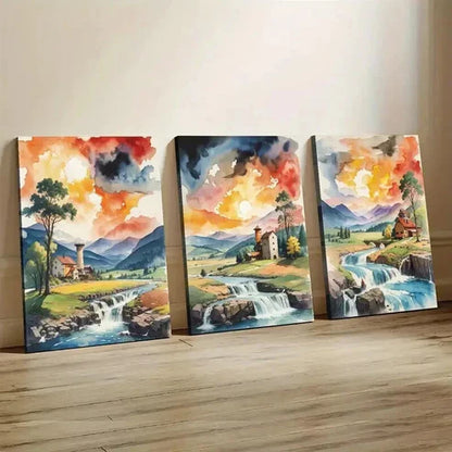 3pcs Serene River Waterfall & Mountain Landscape Wall Art Canvas Unframed - High Quality Print 100% Australian Made Wall Canvas