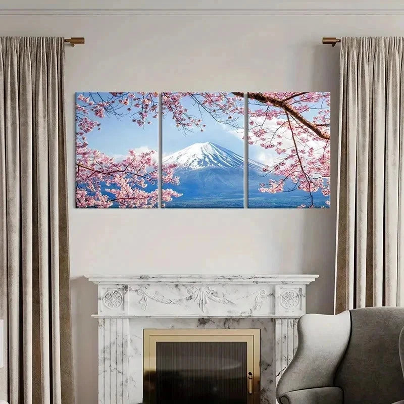 3pcs Japan Mount Fuji & Cherry Blossoms Wall Art Set Canvas Framed 50x70cm - High Quality Print 100% Australian Made Wall Canvas Ready to Hang
