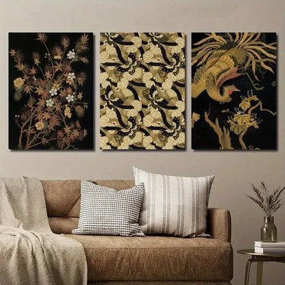 3pcs Dark Japanese Botanical Floral & Bird Wall Art Set Canvas Unframed - High Quality Print 100% Australian Made Wall Canvas - Bella Home Decor