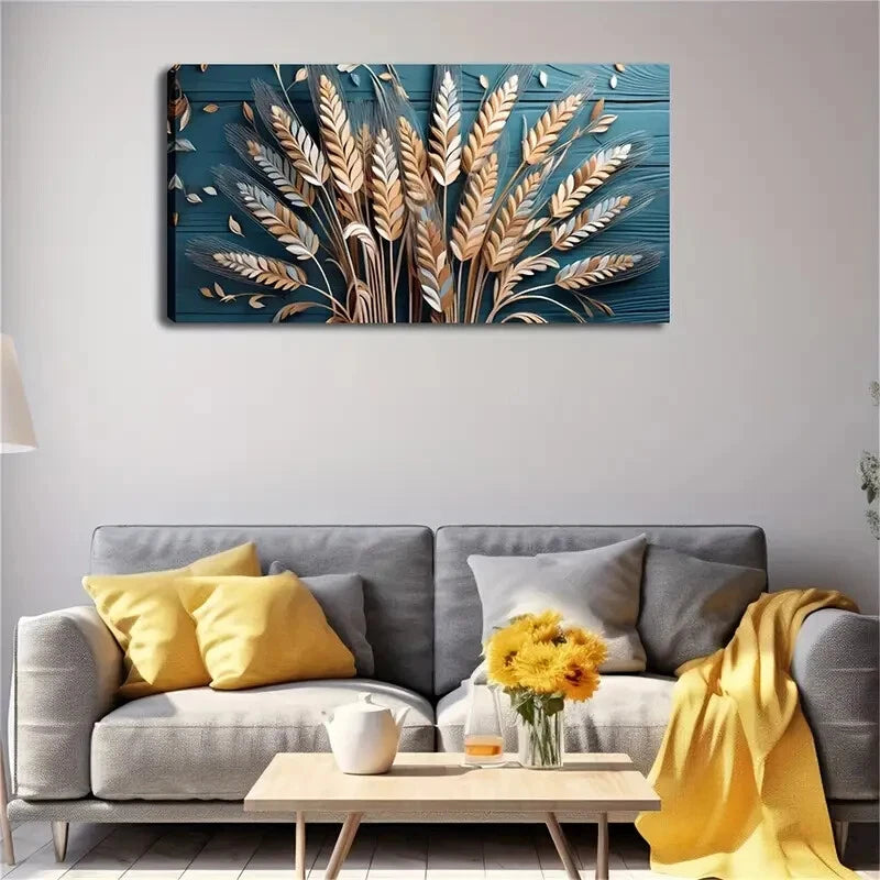 Golden Wheat On Dark Blue Décor Wall Art Canvas Office Home Room Framed 120x60cm - Bella Home Decor