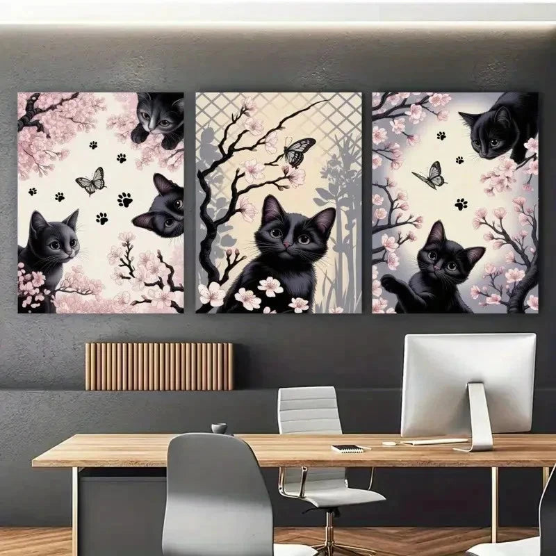 3pcs Black Cat & Butterfly Style Floral & Fauna Metal Print Ready to Hang Art - Bella Home Decor