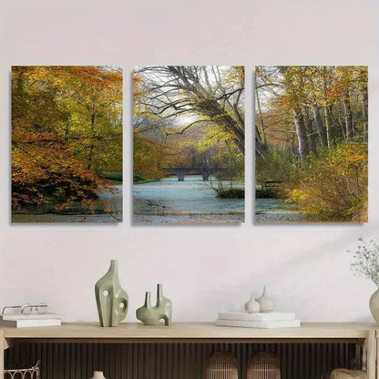 3pcs Autumn Forest Bridge Scenic Nature Landscape Metal Print Ready to Hang Art