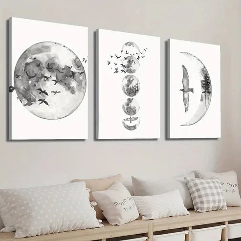3pcs Black and White Moon Phase Wall Art Set Canvas Unframed - High Quality Print 100% Australian Made Wall Canvas - Bella Home Decor