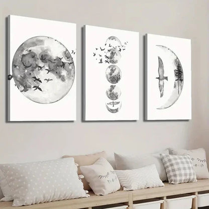 3pcs Black and White Moon Phase Wall Art Set Canvas Unframed - High Quality Print 100% Australian Made Wall Canvas - Bella Home Decor