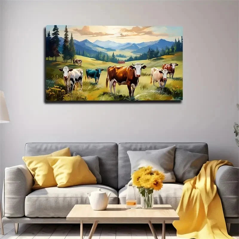 Country Cows Harmonious Space Wall Art Canvas Office Home Room Framed 120x60cm
