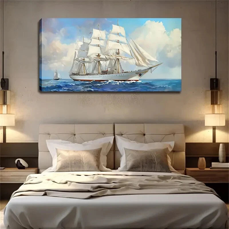 Under A Clear Sky Sailboat Wall Art Canvas Office Home Room Framed 120x60cm - Bella Home Decor