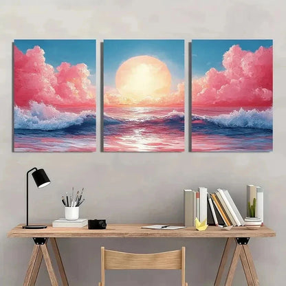 3pcs Ocean Waves Sunset & Pink Clouds Wall Art Set Canvas Framed 50x70cm - High Quality Print 100% Australian Made Wall Canvas Ready to Hang