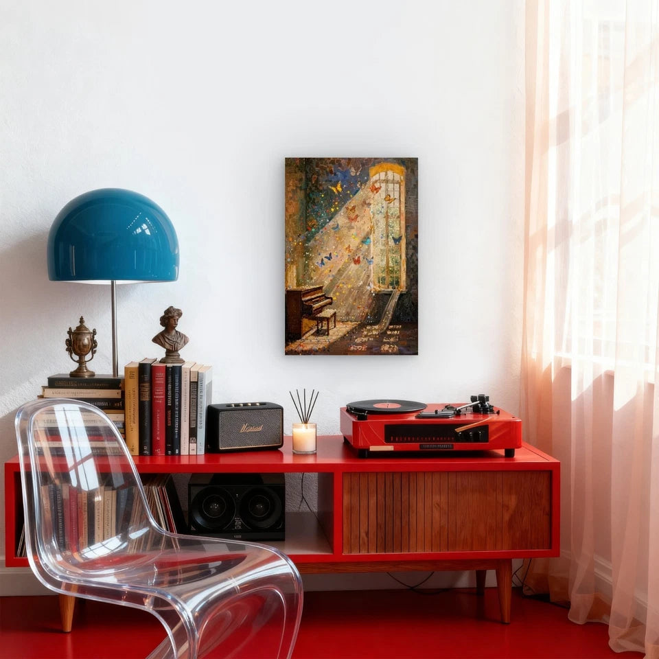 The Sun Shines on The Piano Covered with Flowers 60x90cm Metal Print Ready to Hang