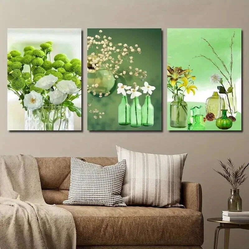 3pcs Emerald Green Bottle Plant Flower Perfect Wall Art Set Canvas Framed 50x70cm - High Quality Print 100% Australian Made Wall Canvas Ready to Hang - Bella Home Decor