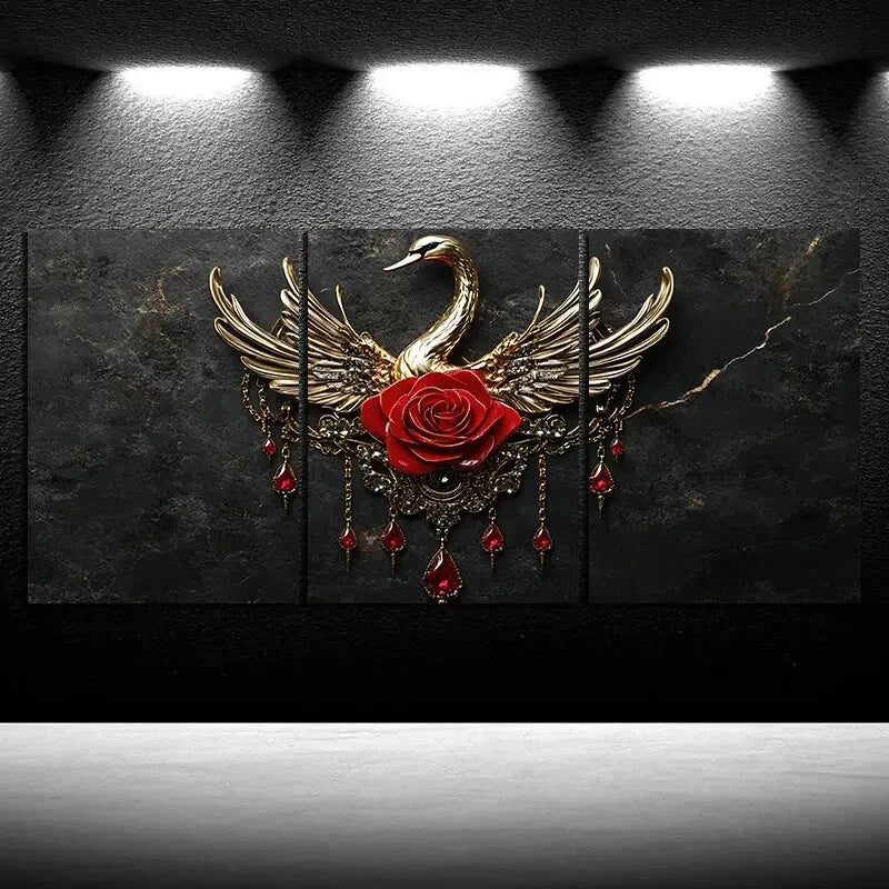 3pcs Red Rose And Golden Swan Bird Themed Metal Print Ready to Hang Art - Bella Home Decor