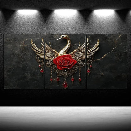 3pcs Red Rose And Golden Swan Bird Themed Metal Print Ready to Hang Art - Bella Home Decor