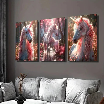3pcs Pink Hair Unicorn Fantasy Illustration Wall Art Canvas Unframed - High Quality Print 100% Australian Made Wall Canvas