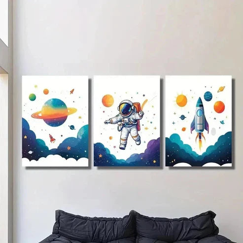 3pcs Cute Astronaut Traveling Planet & Rockets Wall Art Set Canvas Unframed - High Quality Print 100% Australian Made Wall Canvas - Bella Home Decor