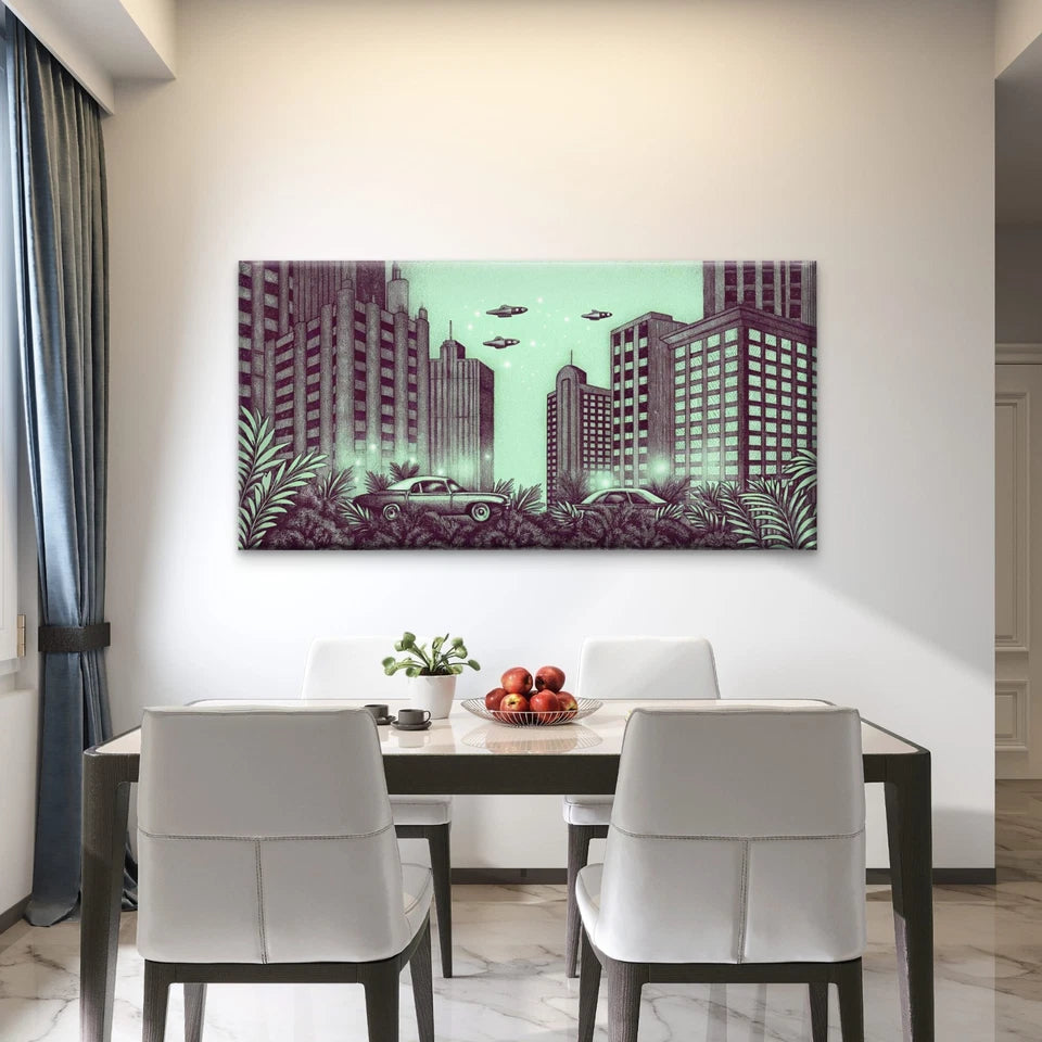 Alien Night City Wall Art Canvas Office Home Room Framed 120x60cm