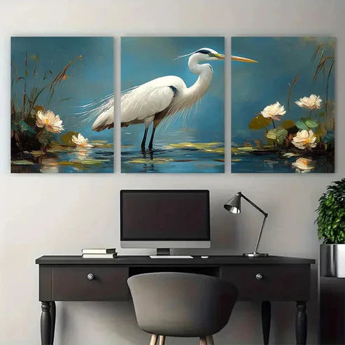 3pcs White Heron Egret Impasto – Wall Art Canvas Unframed – High Quality Print 100% Australian Made Wall Canvas