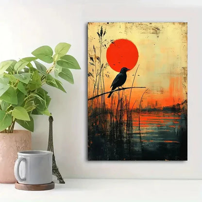 Tranquil Bird On Reeds With Golden Painting 60x90cm Metal Print Ready to Hang