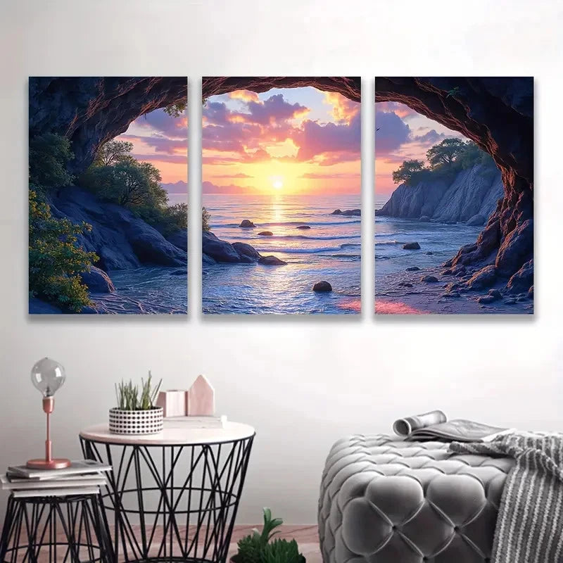 3pcs Meili Cave Seascape Sunset Triptych   Wall Art Set Canvas Framed 60x90cm - High Quality Print 100% Australian Made Wall Canvas Ready to Hang