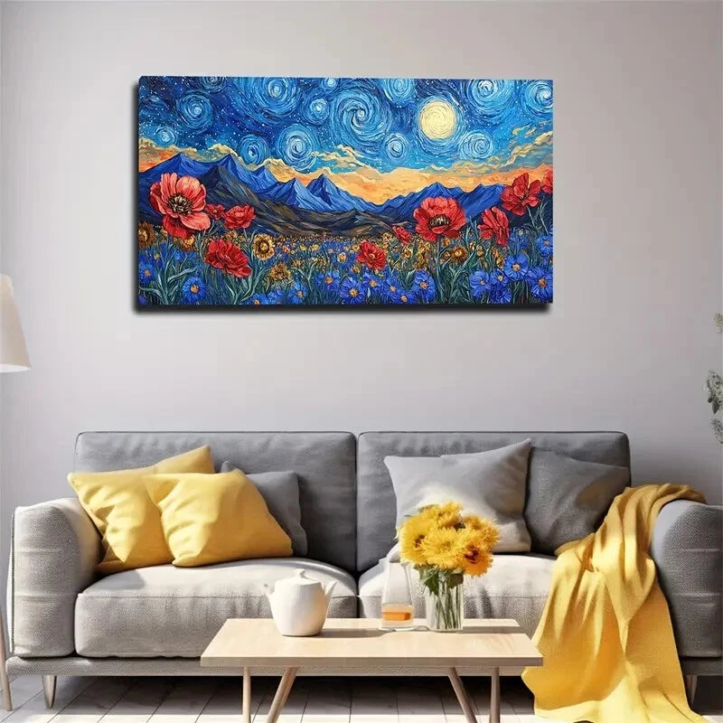 Starry Night With Yellow Moon Wall Art Canvas Office Home Room Framed 120x60cm. - Bella Home Decor